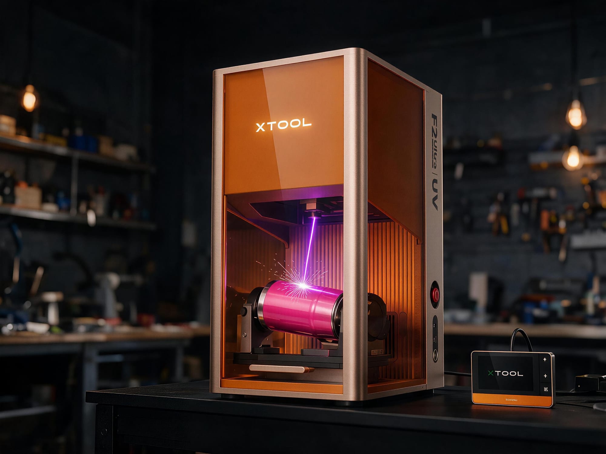 Laser engraver marking a tumbler in the Markd workshop