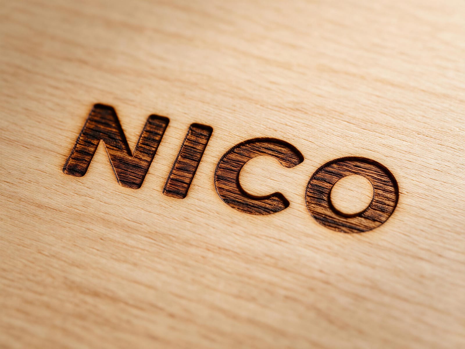 Macro of wood with a name burnt in dark brown