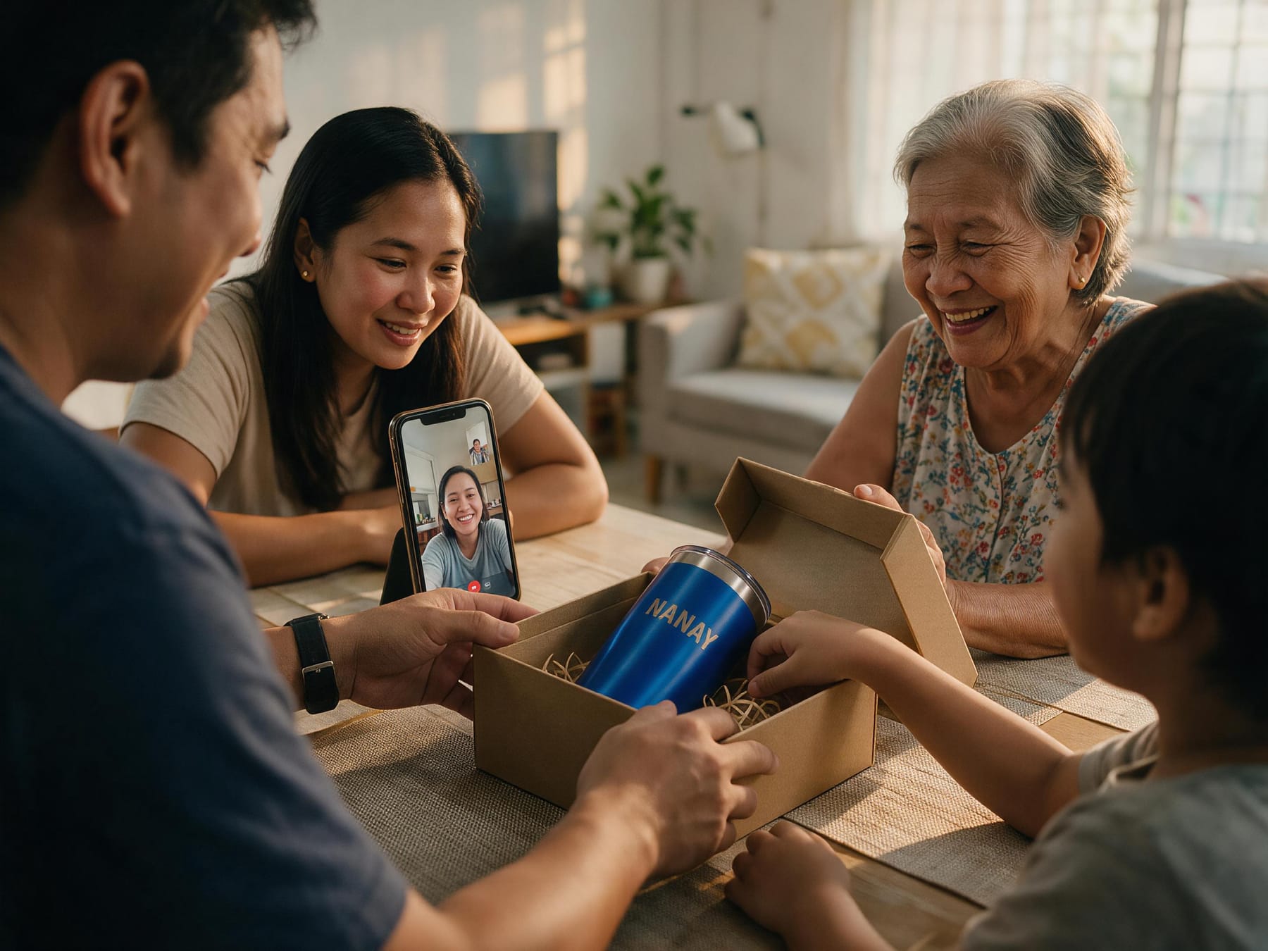 A family at home in the Philippines opening a gift box with an engraved tumbler inside