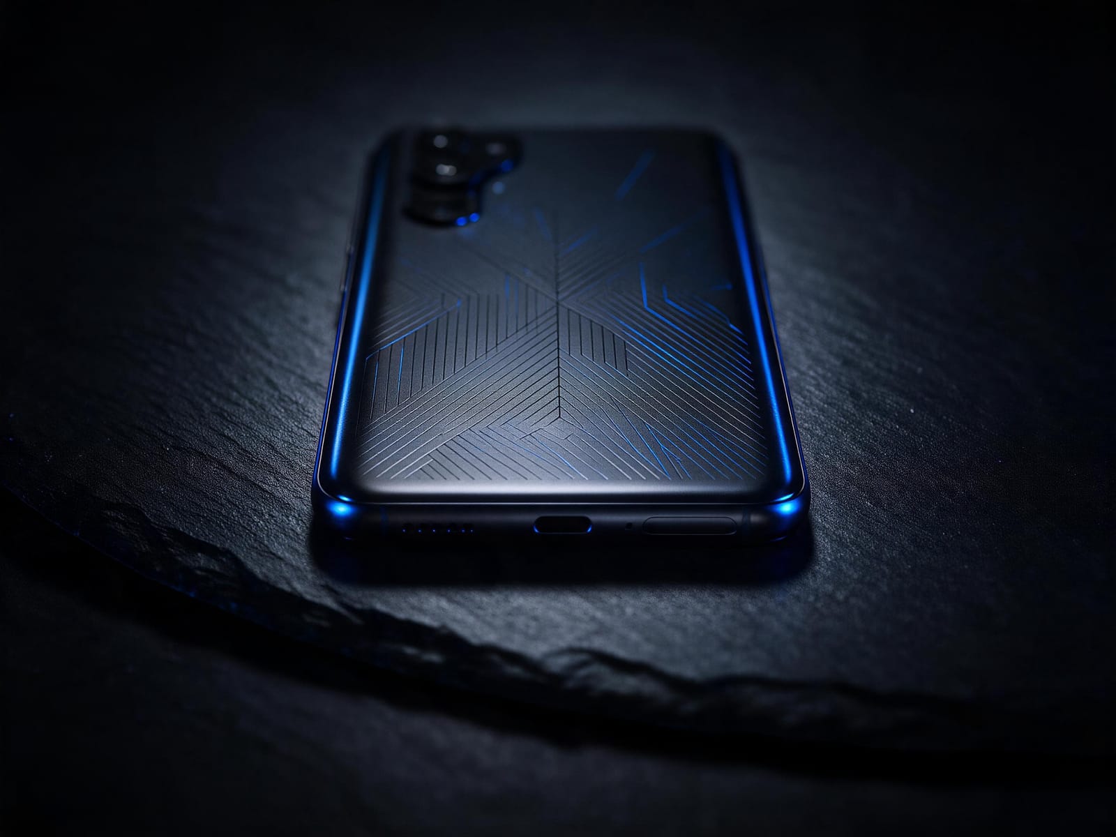 Charcoal phone back engraved with a fine geometric pattern
